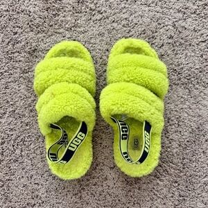 UGG Neon Lime Fluffy Slide Sandals with Branded Elastic Heel